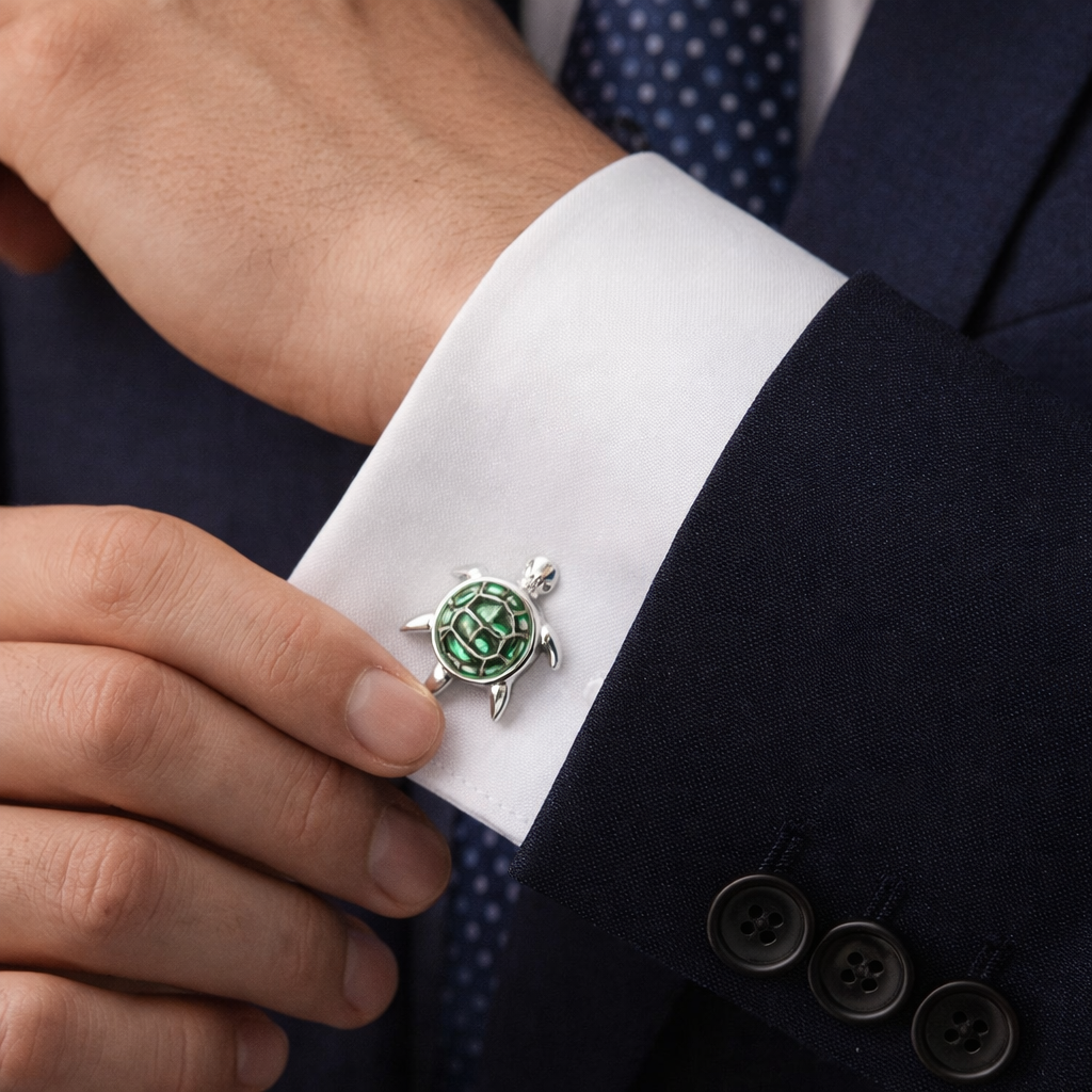 Close-up of a turtle-themed cufflink on a white shirt cuff and blue suit