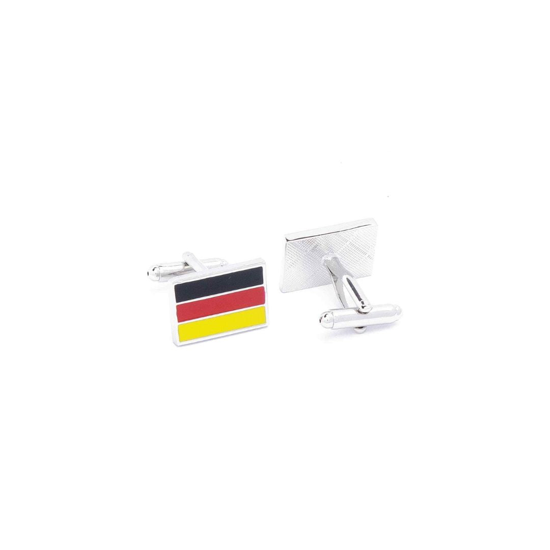 Cufflinks with a design resembling the German flag on a white background