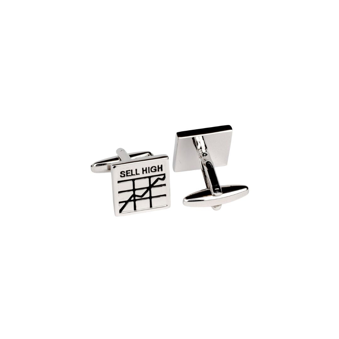 Cufflinks with 'Sell High' text and stock market diagram on a white background