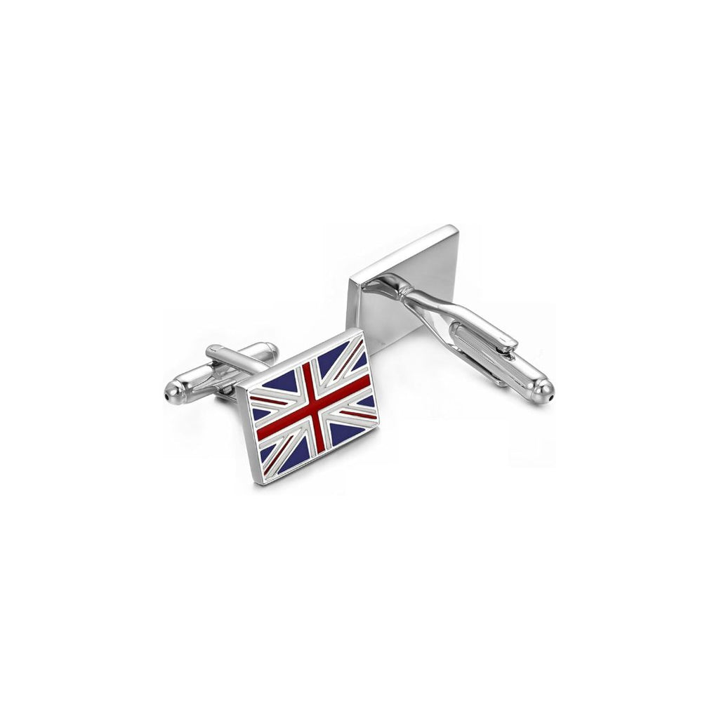 Cufflinks with a Union Jack flag design on a white background