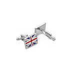 Cufflinks with a Union Jack flag design on a white background