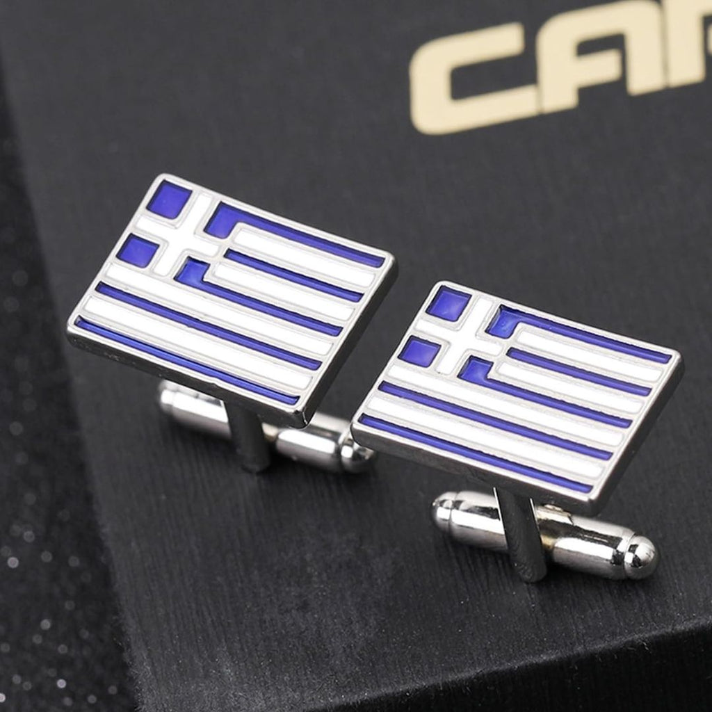 Cufflinks with a blue and white Greek Flag design on a black background