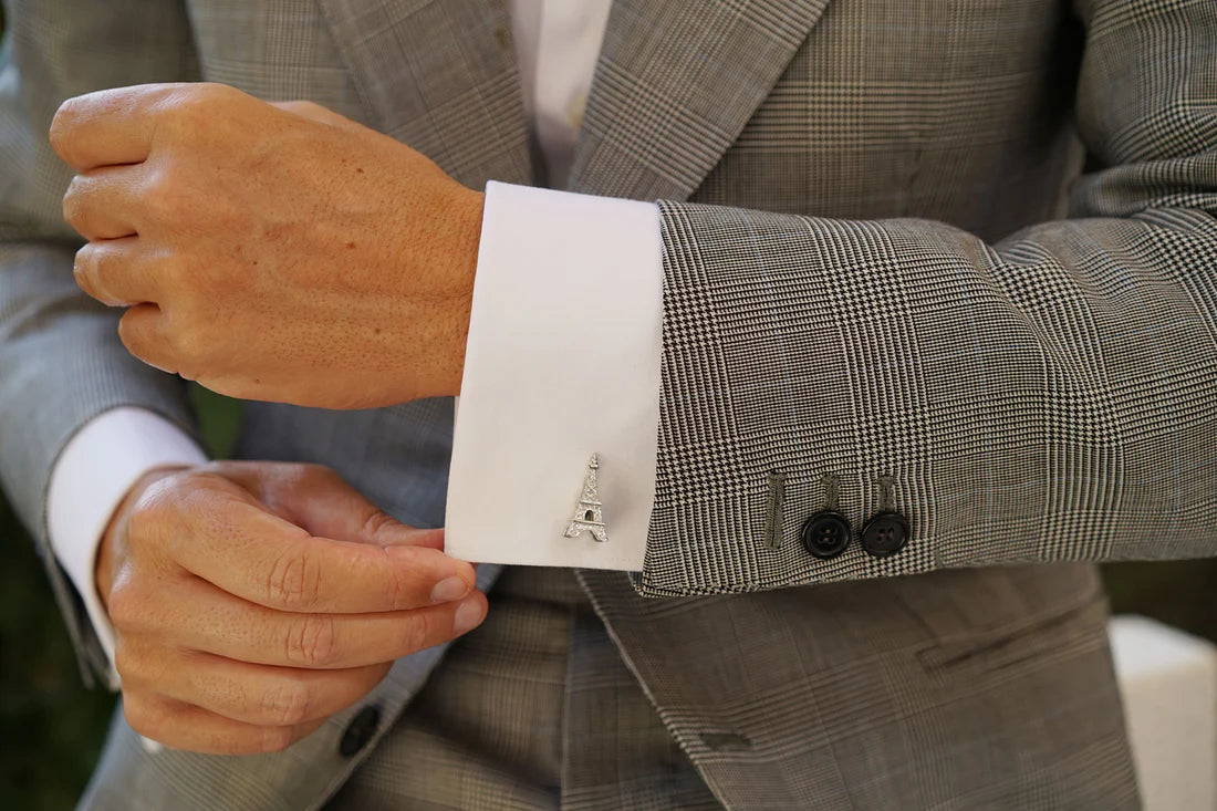 Eiffel-Tower-Cufflinks-on a grey suit