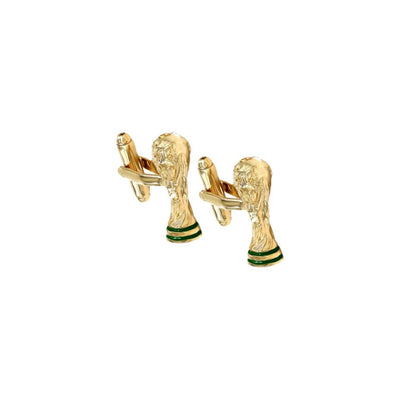 Gold World Cup trophy cufflinks on white background