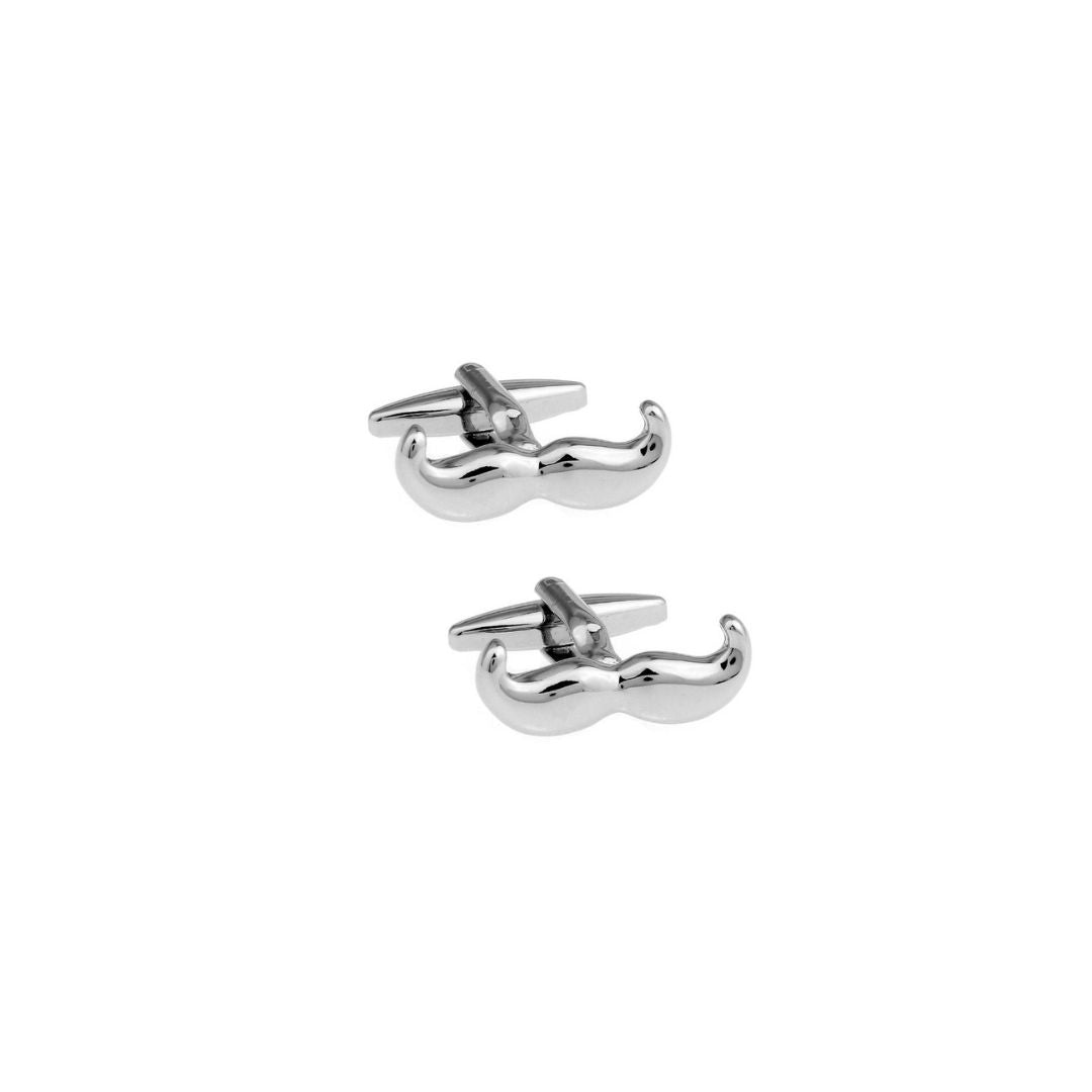Mustache-shaped silver cufflinks on a white background