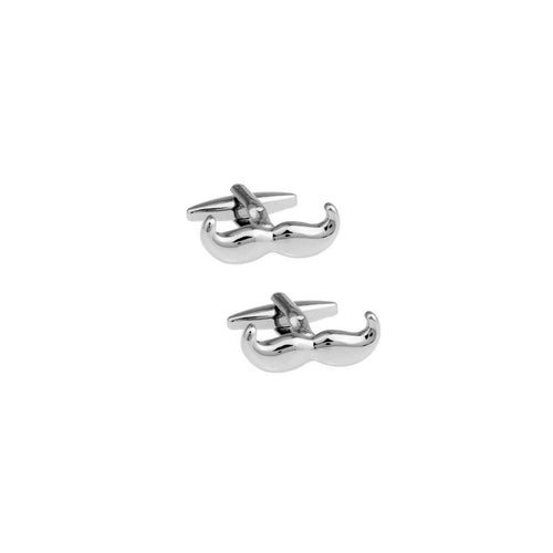 Mustache-shaped silver cufflinks on a white background