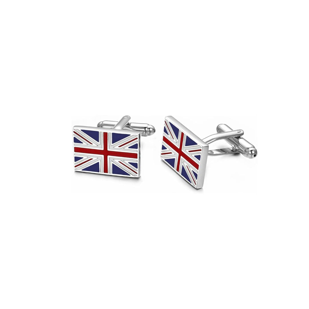 Pair of Union Jack flag cufflinks on a white background