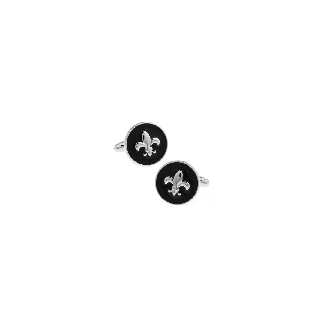 Pair of black and silver fleur-de-lis cufflinks on a white background