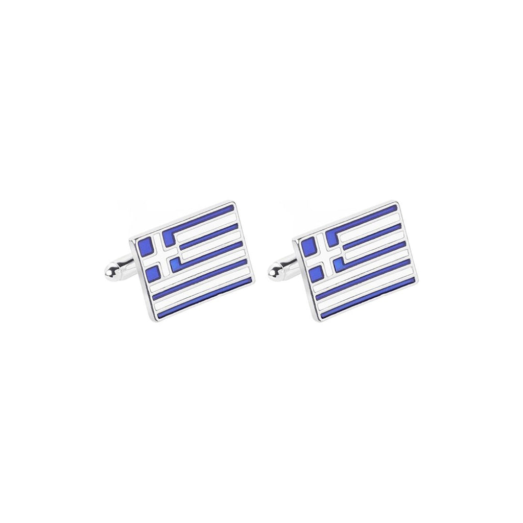 Pair of cufflinks with Greek flag design on a white background