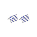 Pair of cufflinks with Greek flag design on a white background