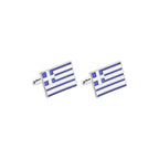 Pair of cufflinks with Greek flag design on a white background