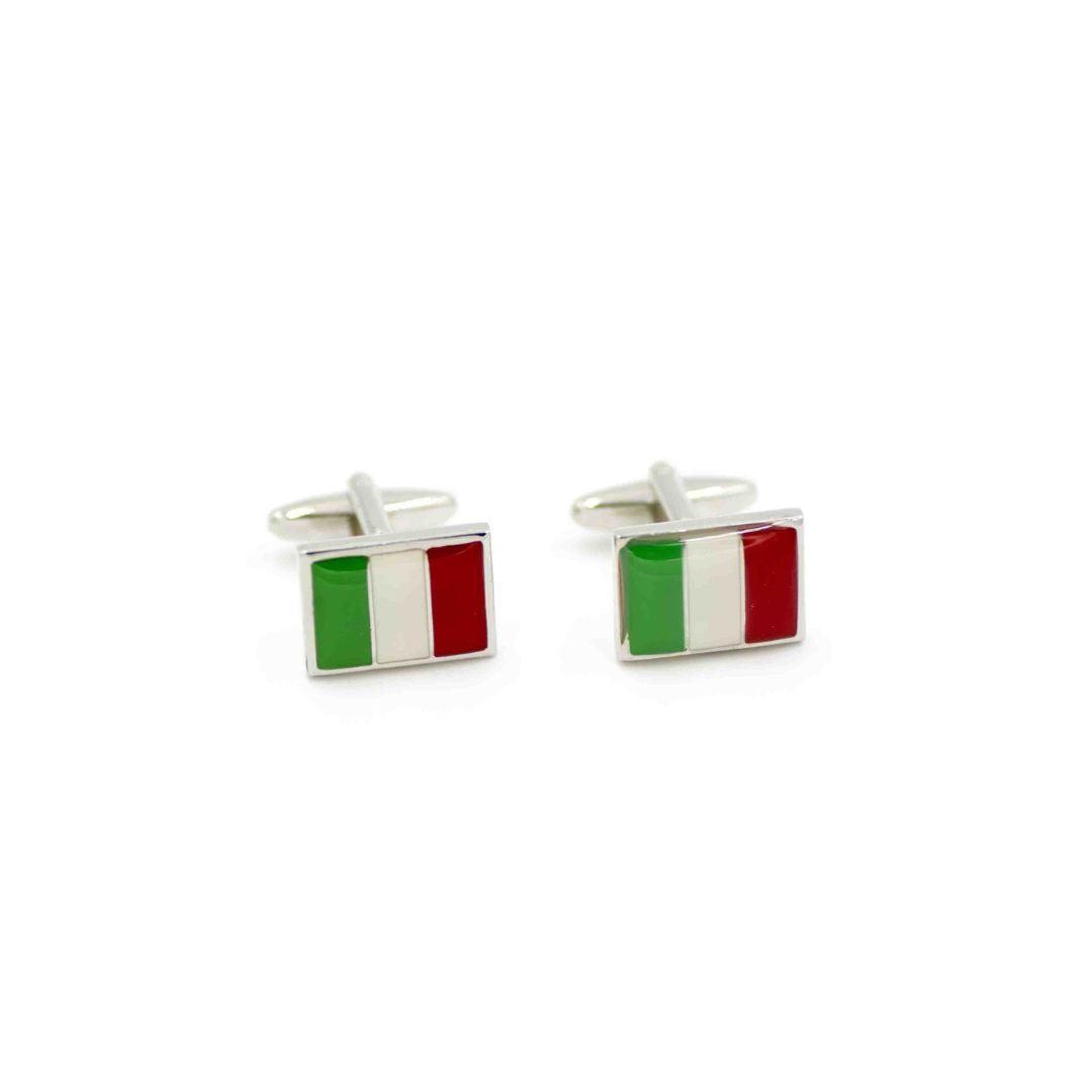 Pair of cufflinks with Italian flag design on a white background