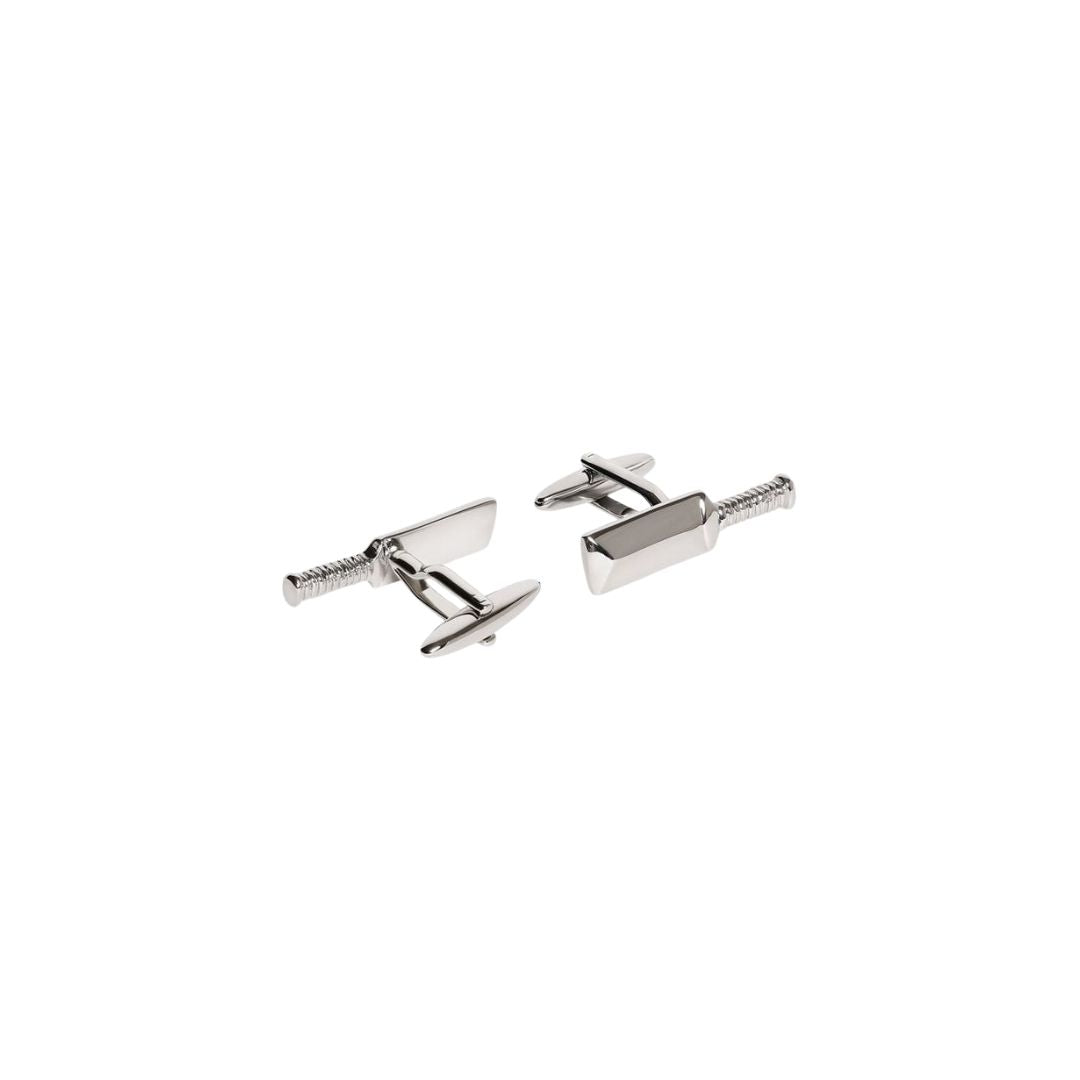 Pair of silver cricket bat cufflinks on a white background
