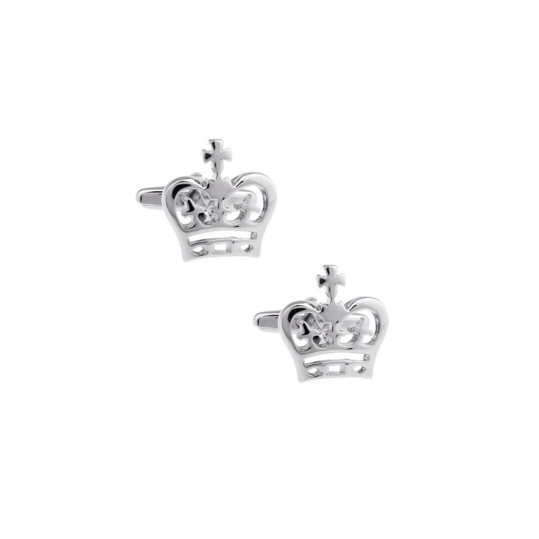 Pair of silver crown-shaped cufflinks on a white background