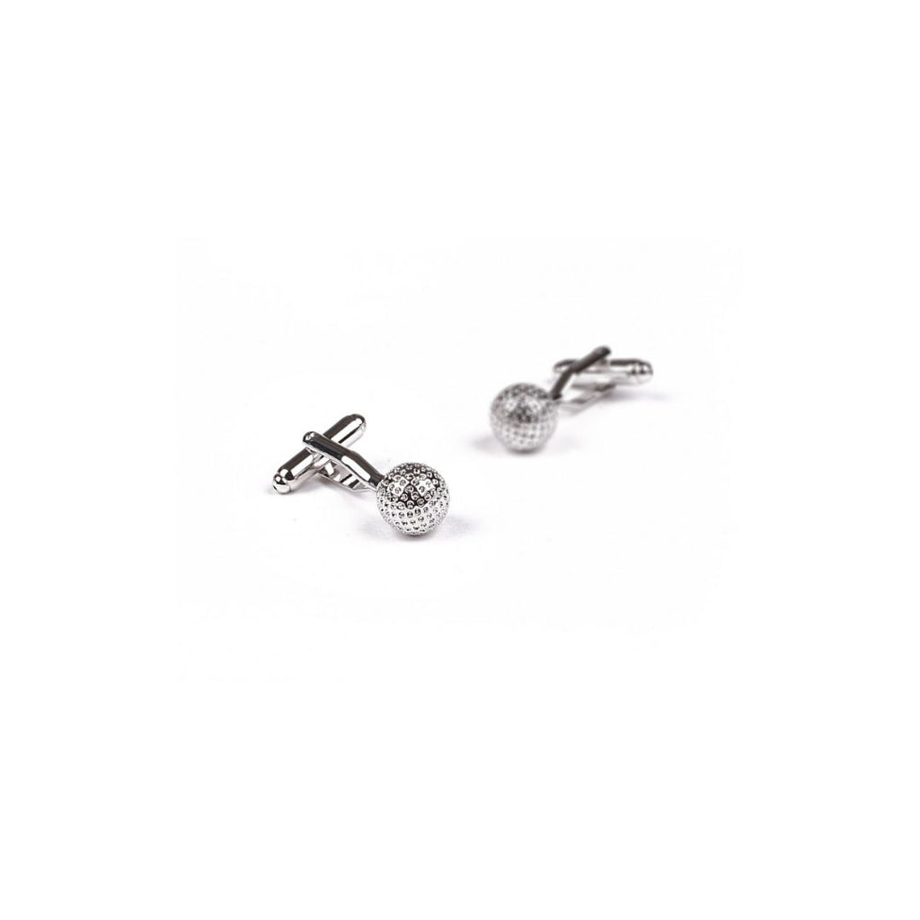 Pair of silver golf ball cufflinks on a white background