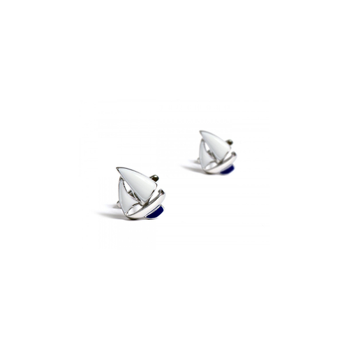 Pair of silver white sailboat earrings on a white background