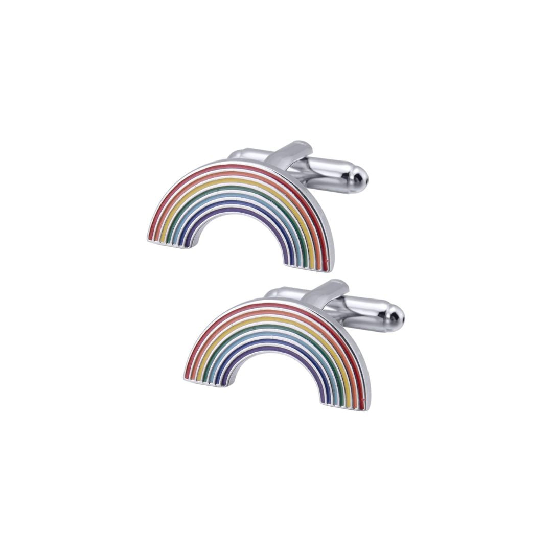 Rainbow-shaped cufflinks on a white background