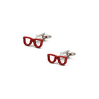 Red eyeglass-shaped cufflinks on a white background