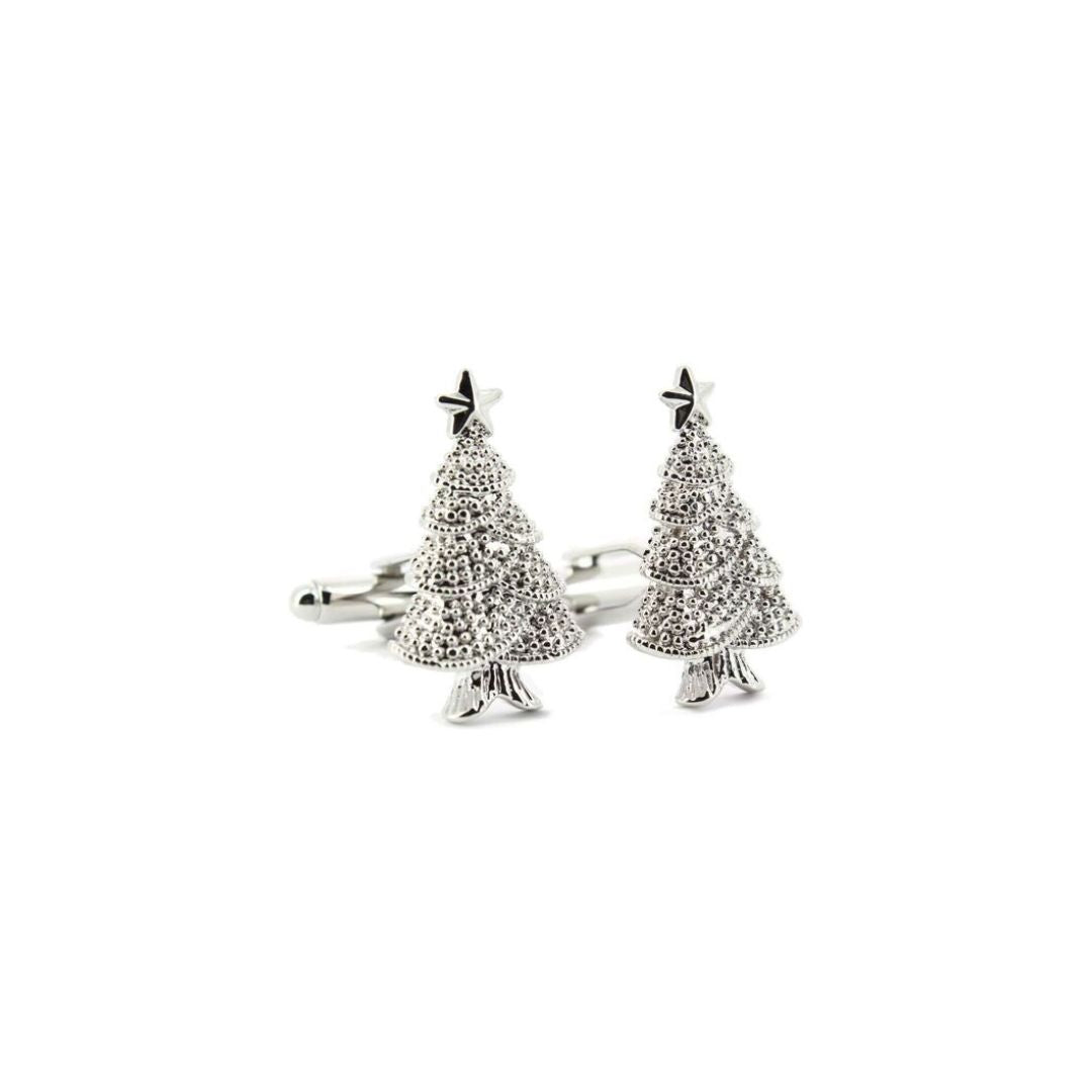 Silver Christmas tree cufflinks on a white background