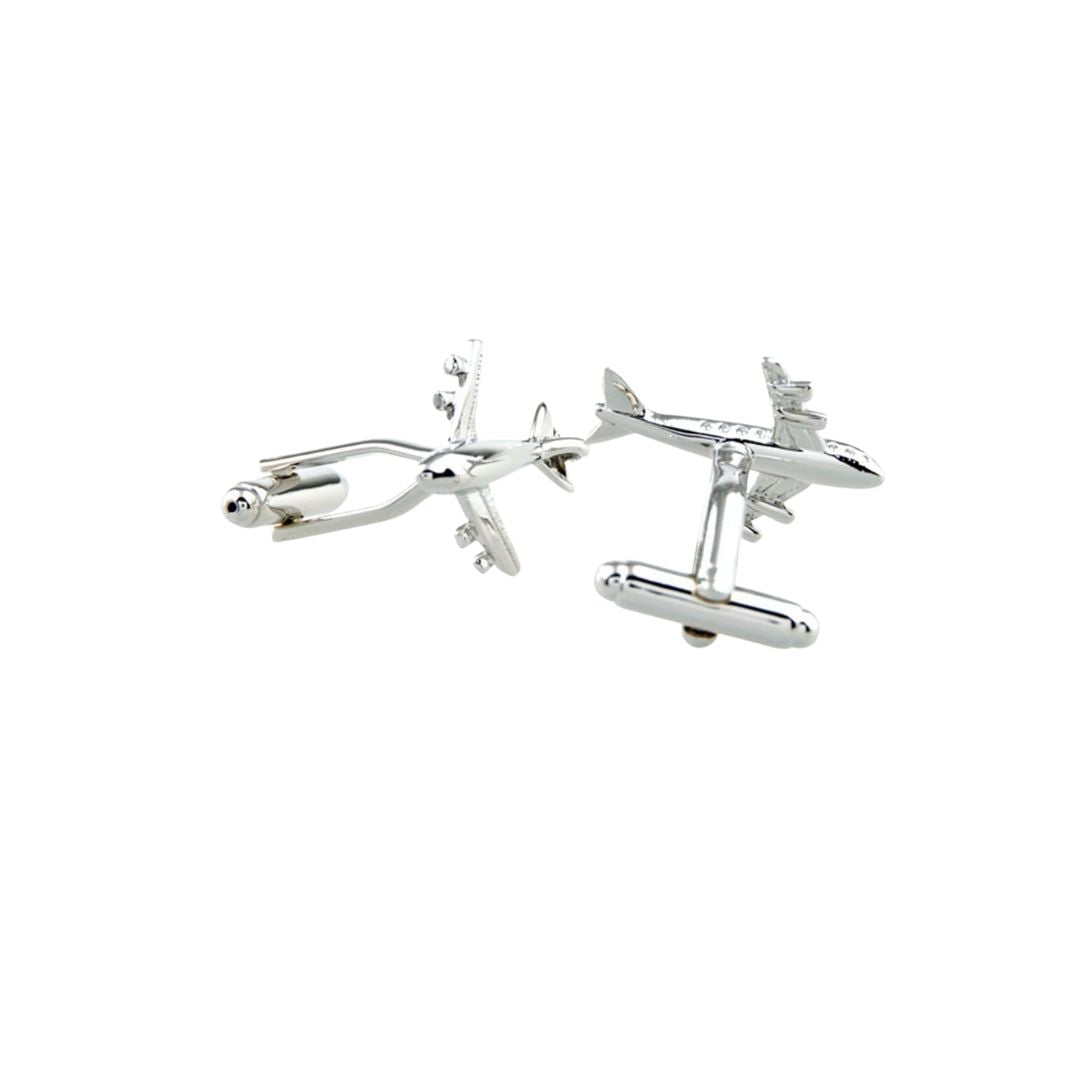 Silver aeroplane cufflinks on a white background