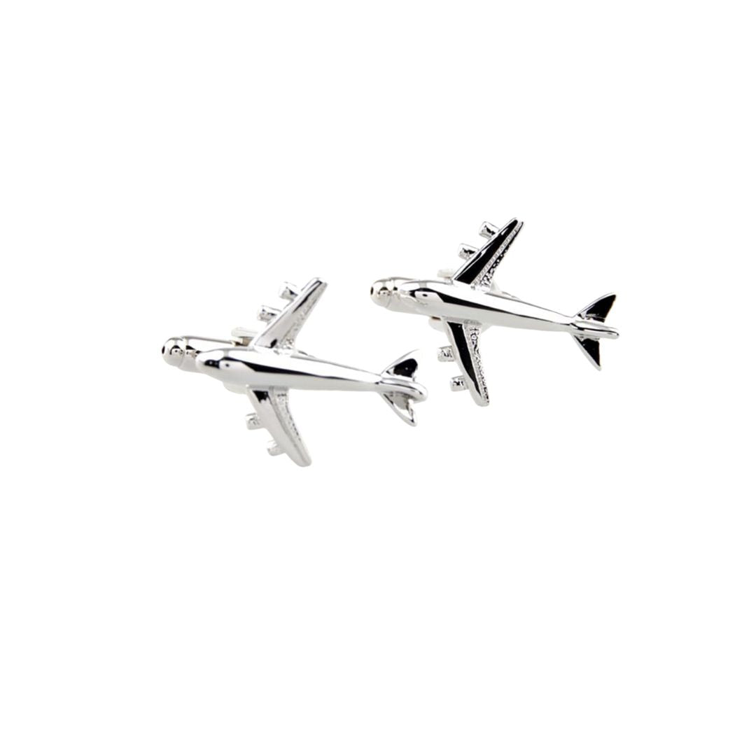 Silver aeroplane-shaped cufflinks on a white background