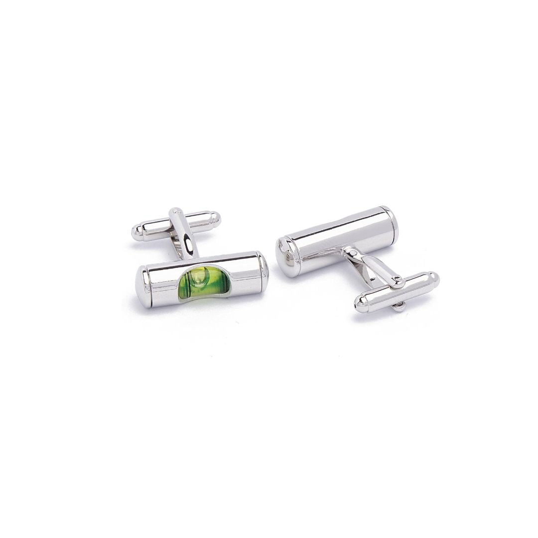 Silver bubble level-themed cufflinks on a white background
