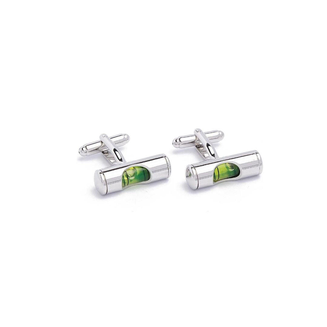 Silver bubble lever cufflinks with green glass inserts on a white background