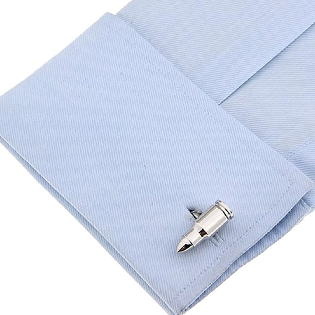 Silver bullet-shaped cufflinks on a light blue dress shirt