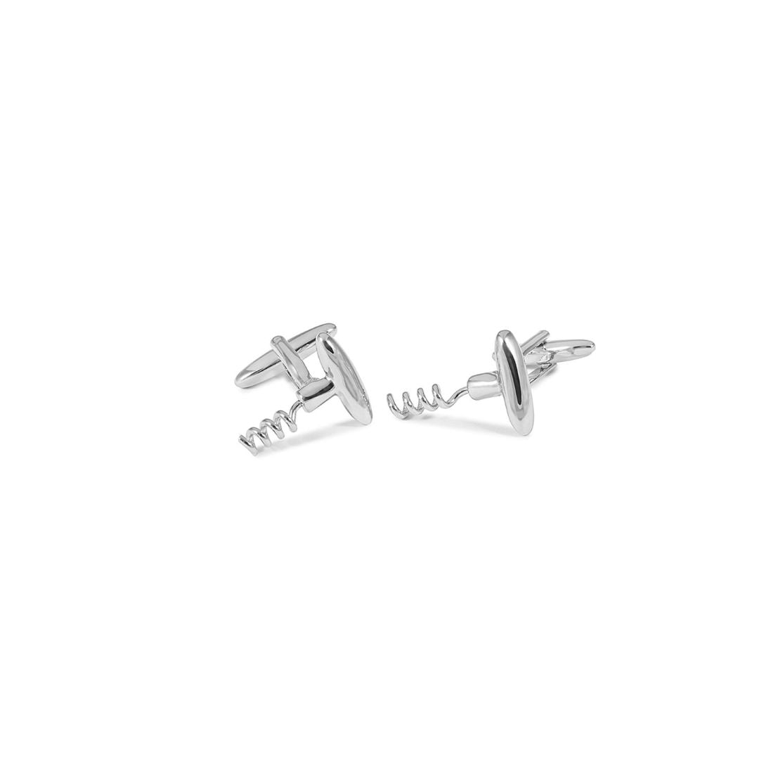 Silver corkscrew cufflinks on a white background