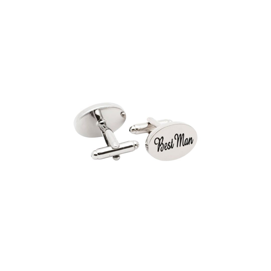 Silver cufflinks with 'Best Man' engraving on a white background