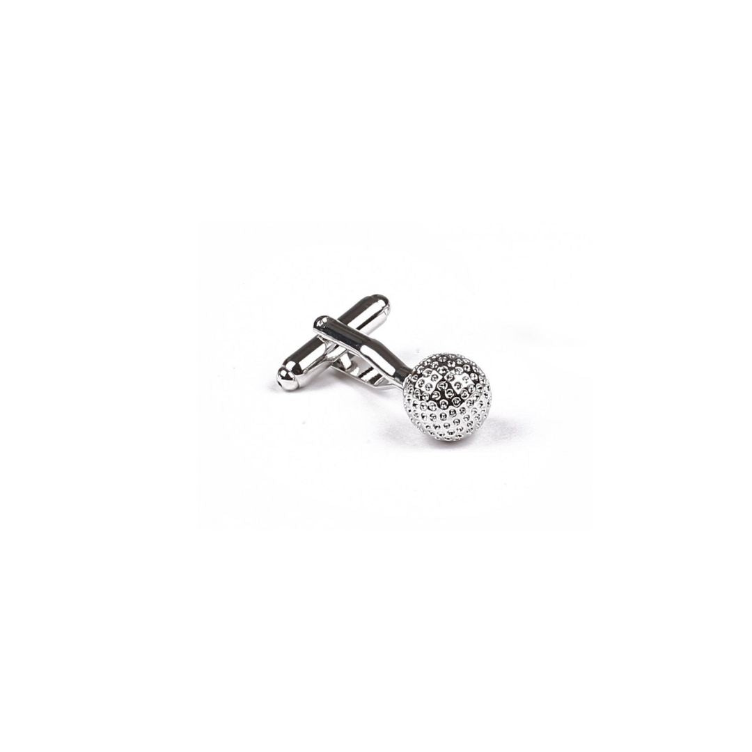Silver cufflinks with a golf ball design on a white background