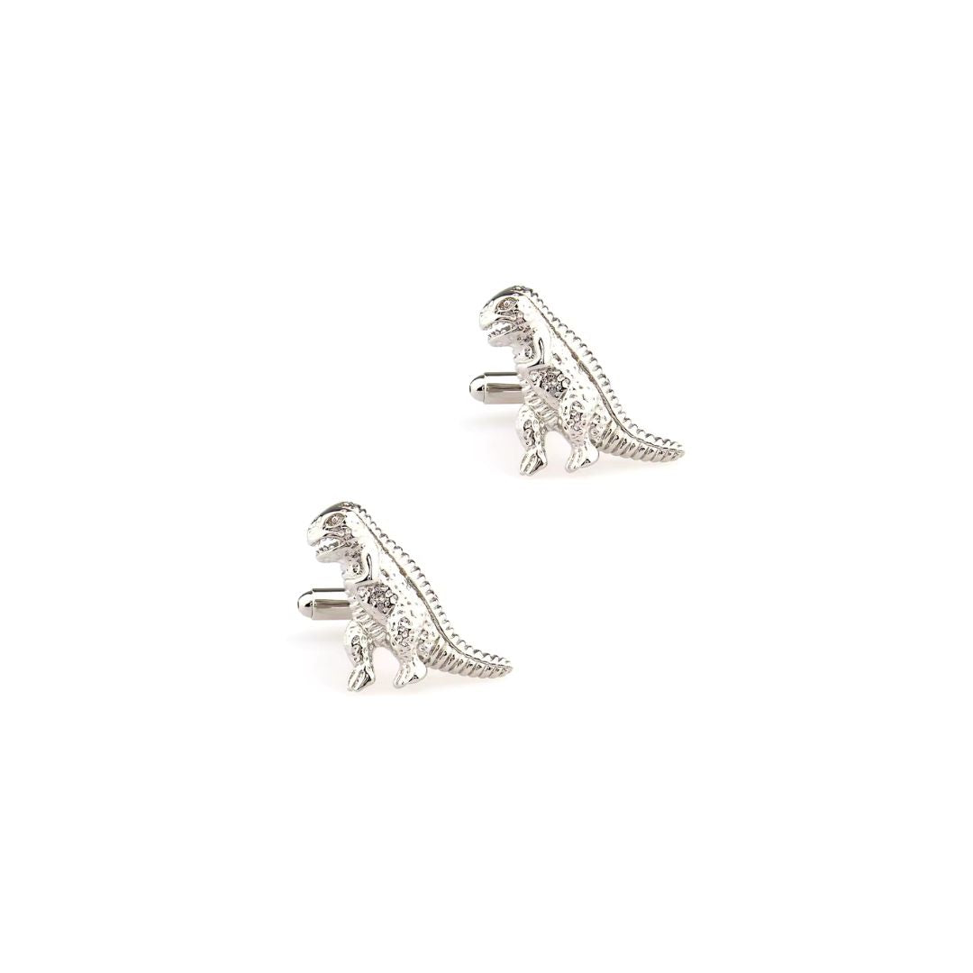 Silver dinosaur-shaped cufflinks on a white background