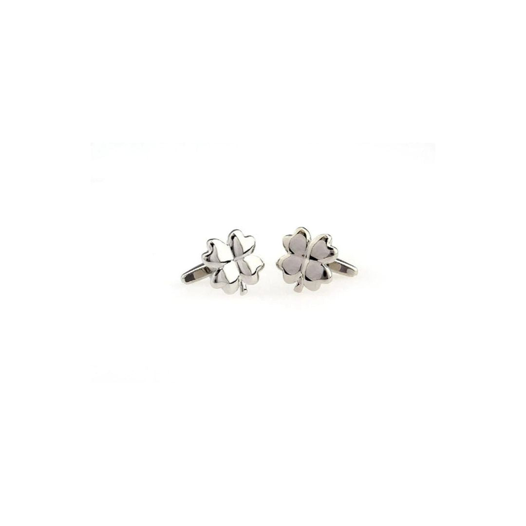 Silver four-leaf clover cufflinks on a white background