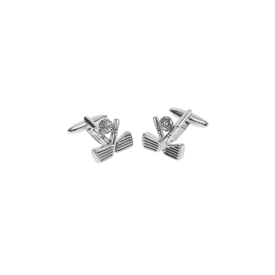 Silver golf clubs and ball cufflinks on a white background