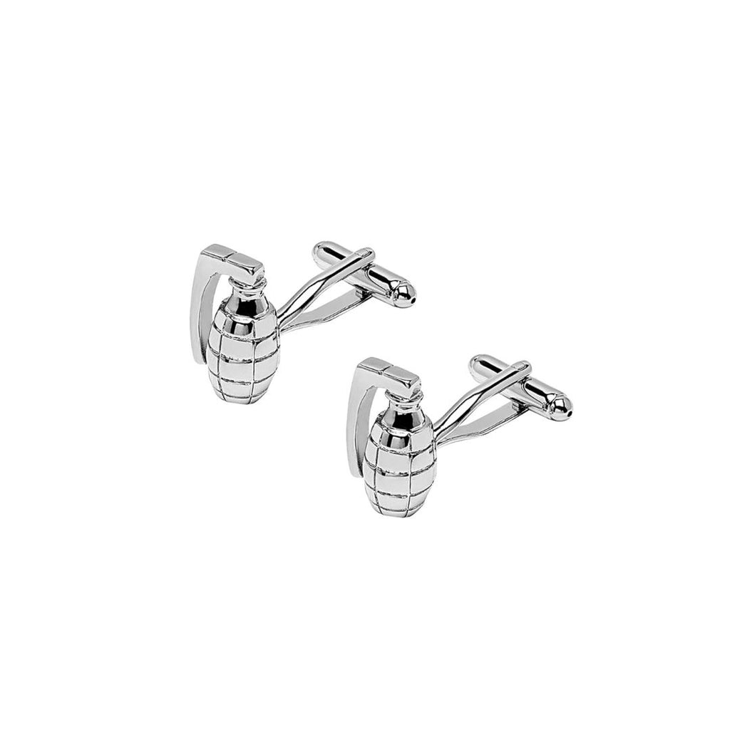 Silver grenade-shaped cufflinks on a white background