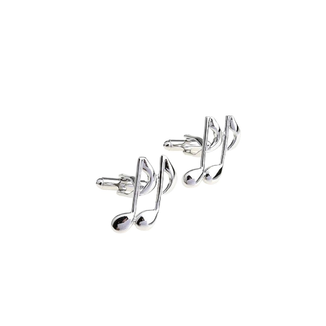 Silver music note cufflinks on a white background