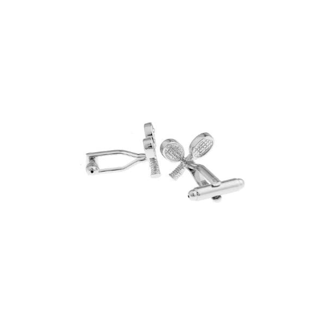 Silver tennis racket and ball cufflinks on a white background