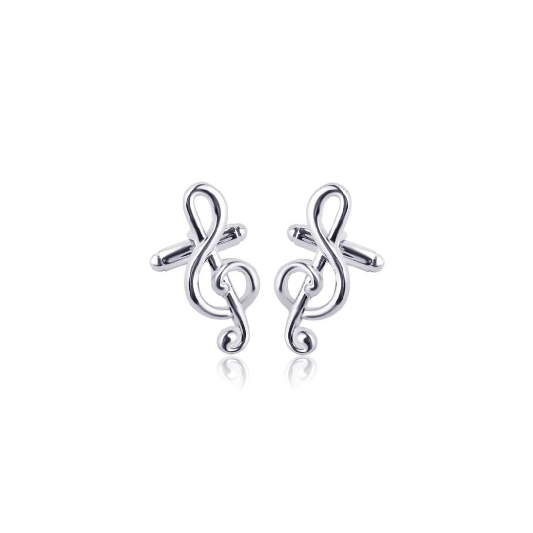 Silver treble clef cufflinks on a white background
