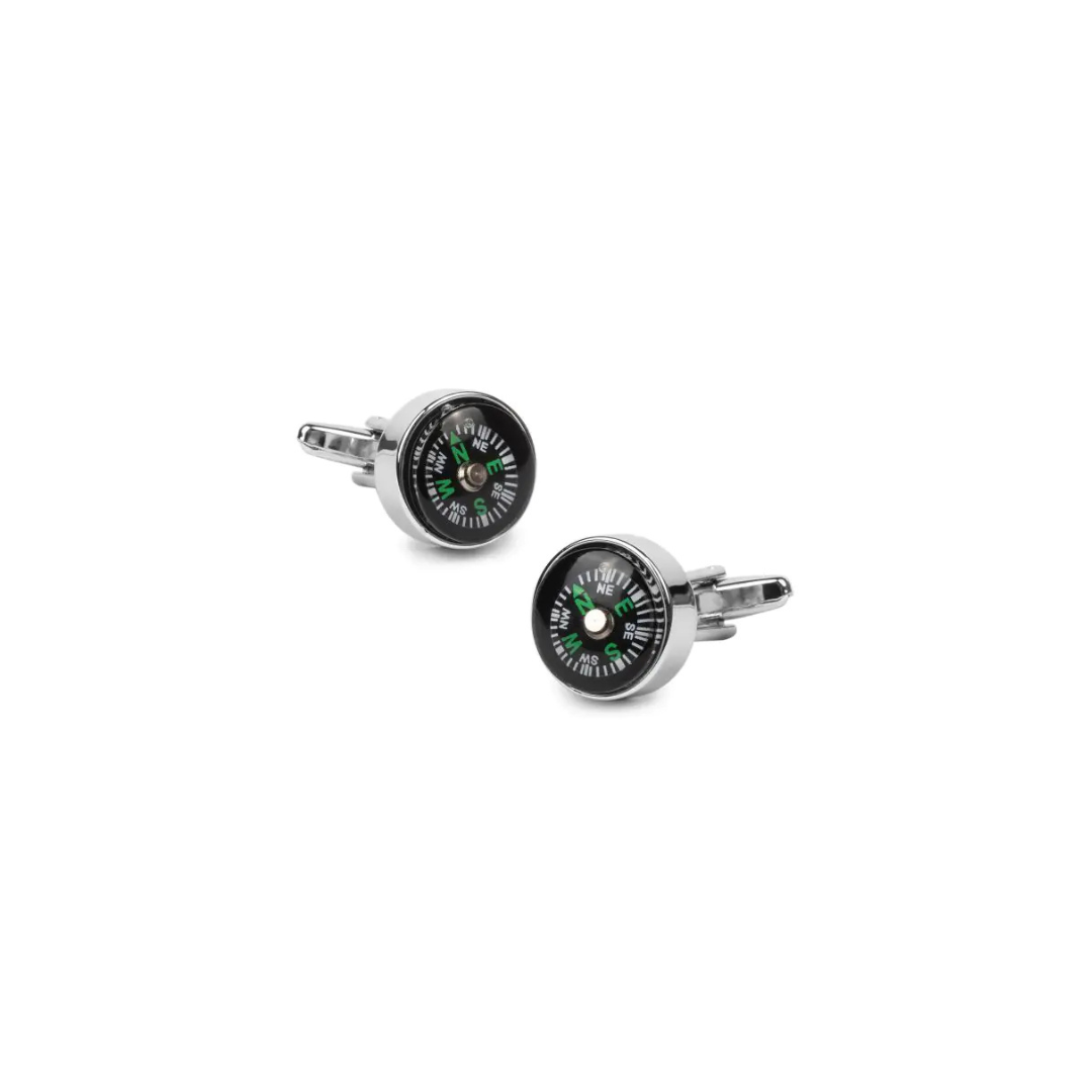 Two round cufflinks with compass design on a white background