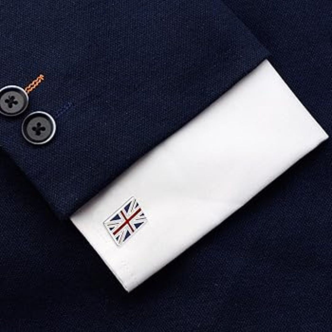 Union Jack flag cufflink on a navy fabric background