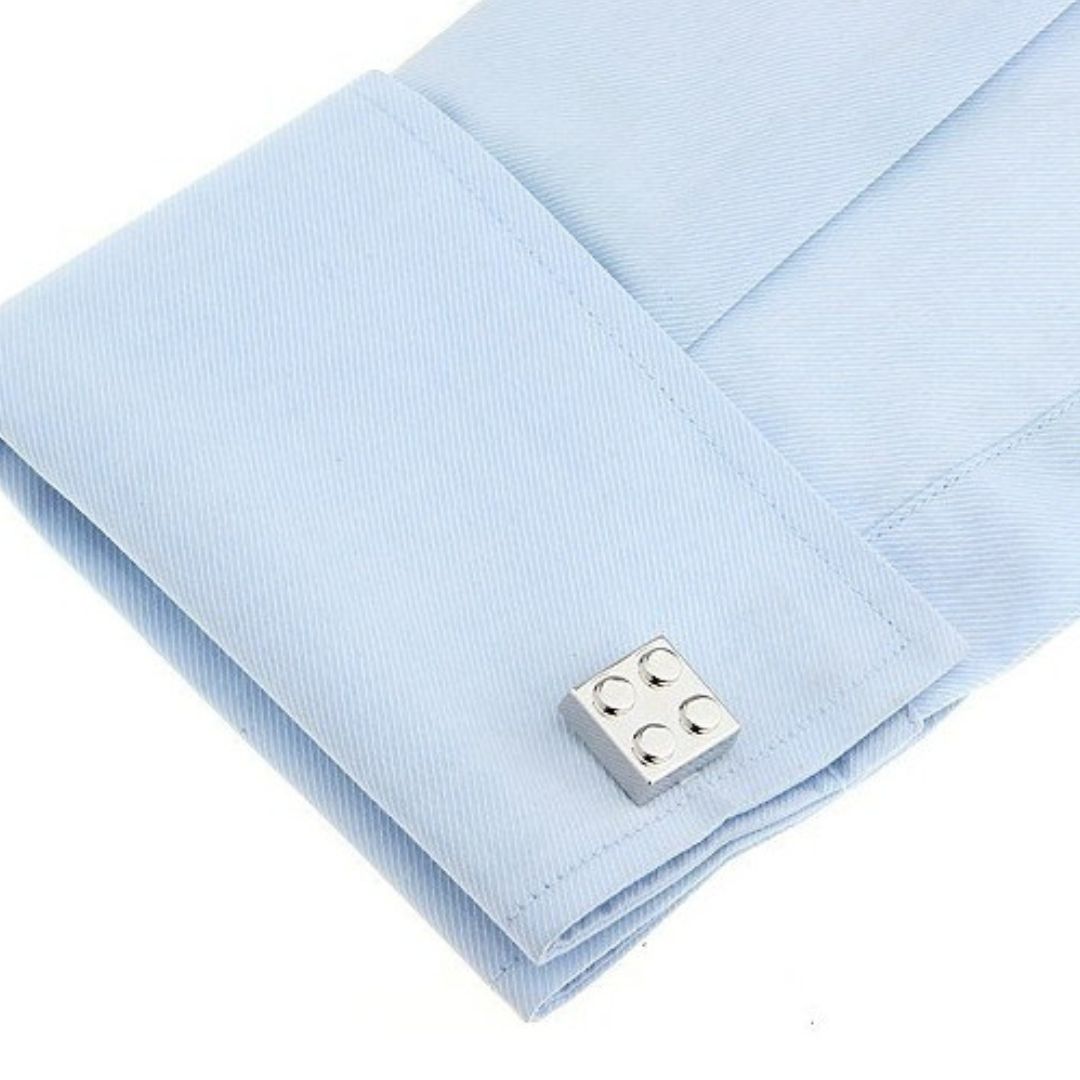 lego block cufflinks silver on a sleeve 