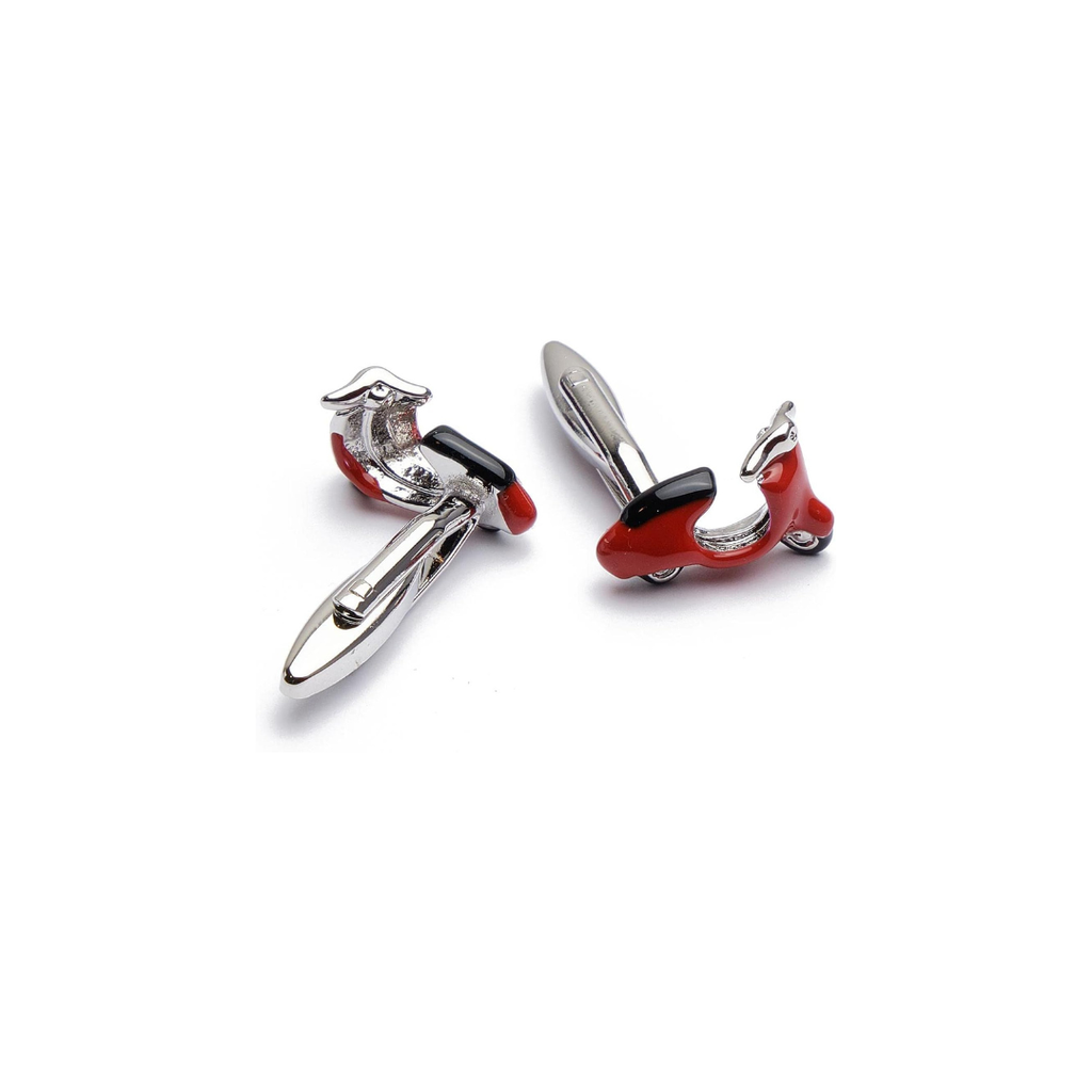 red vespa Scooter-shaped cufflinks on a white background