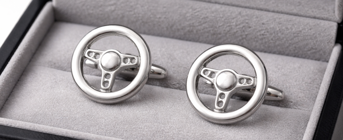 Steering wheel cufflinks on a gray cushion in a box