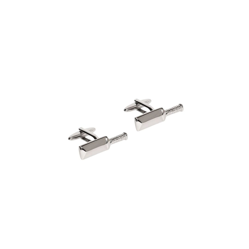 Pair of silver cricket bat cufflinks on a white background